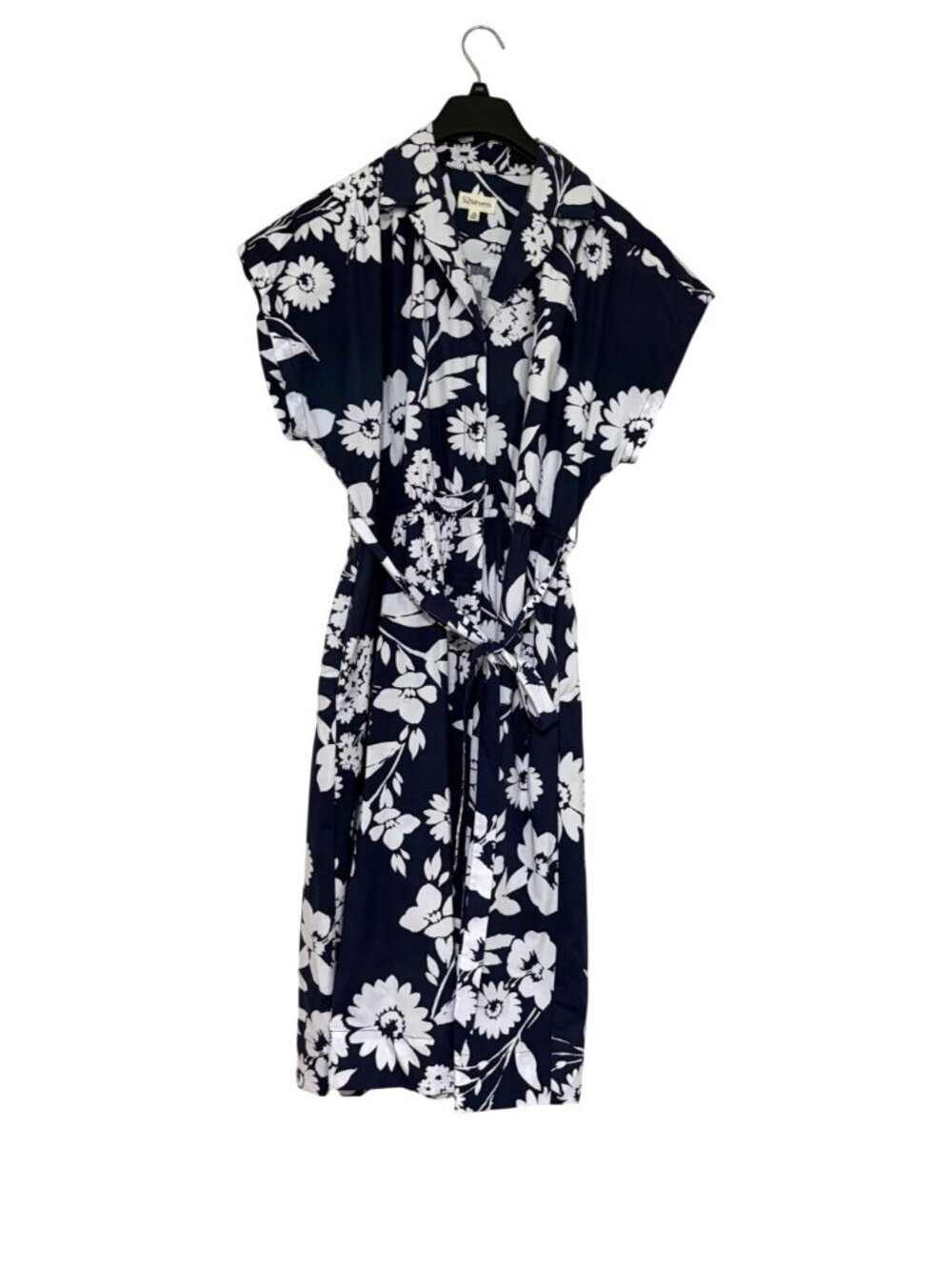 52Seven Womens 16 Short sleeve midi Navy Blue white floral button up Shirt Dress